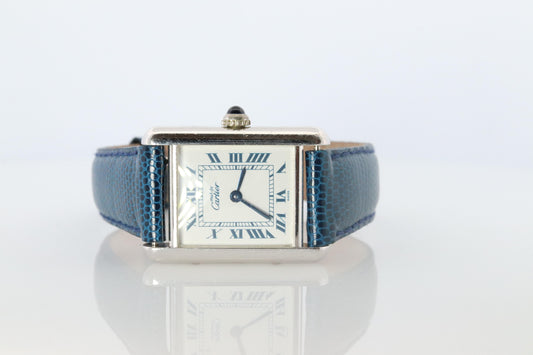 Vintage Must de Cartier Tank Watch. 925 Vermeil ARGENT 6057002 White Blue Dial