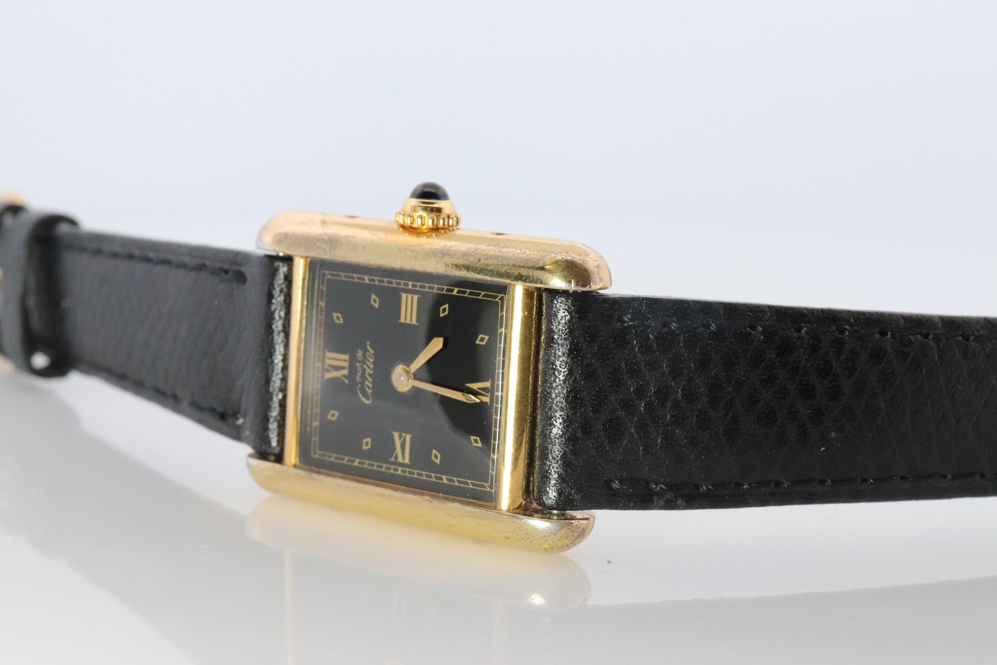 Vintage Must de Cartier Tank Black Dial Watch Vermeil ARGENT Small Manual Tank