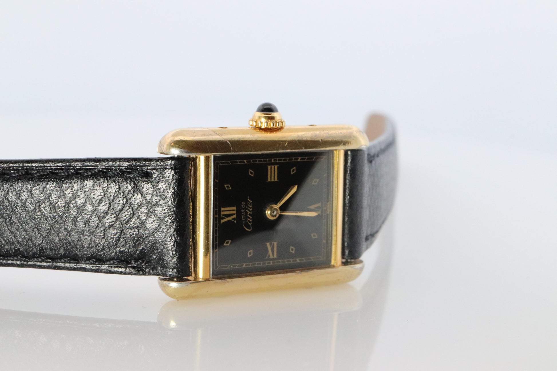 Vintage Must de Cartier Tank Black Dial Watch Vermeil ARGENT Small Manual Tank