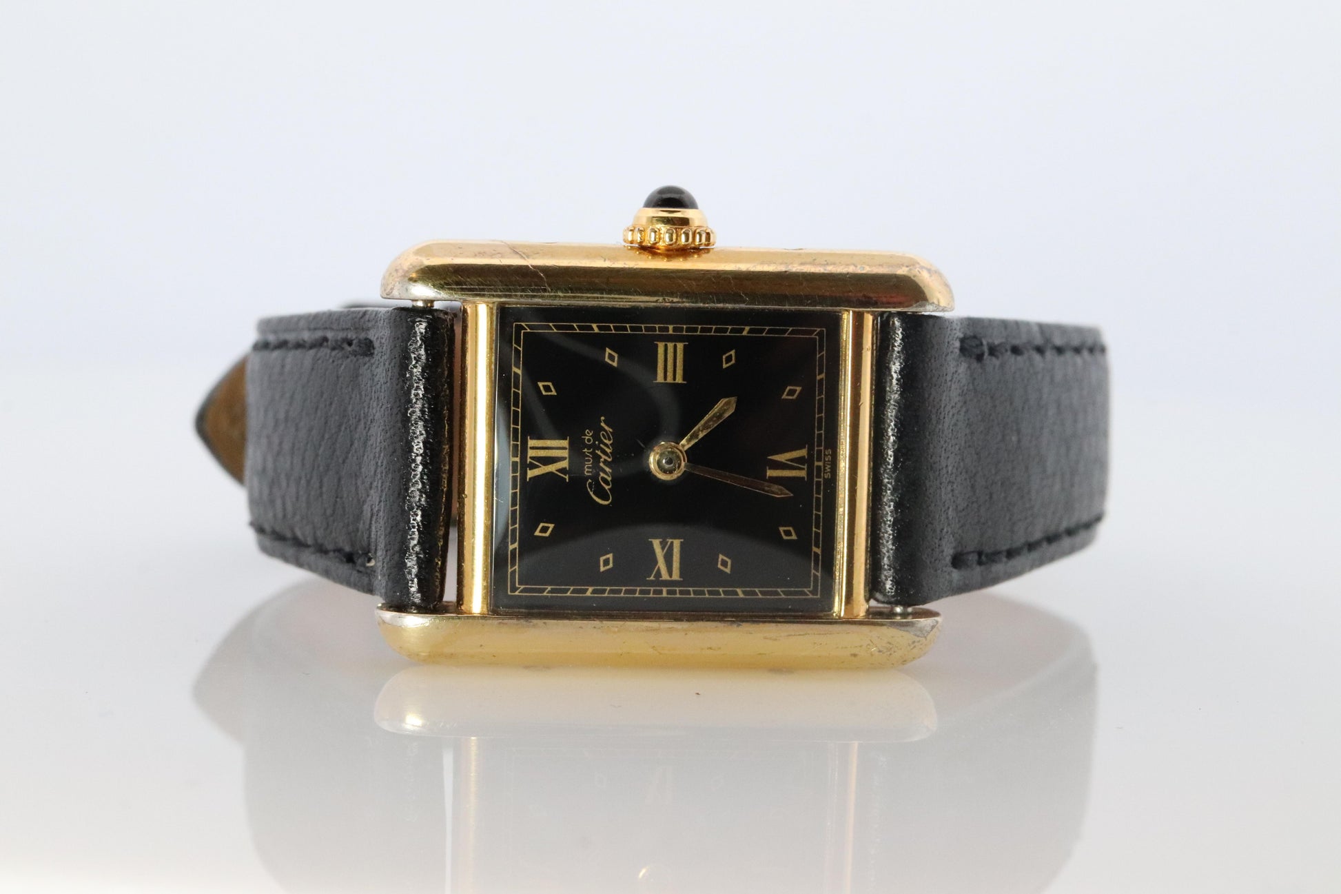 Vintage Must de Cartier Tank Black Dial Watch Vermeil ARGENT Small Manual Tank