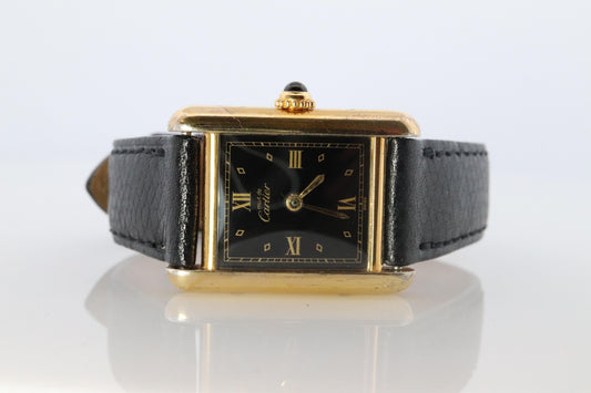 Vintage Must de Cartier Tank Black Dial Watch Vermeil ARGENT Small Manual Tank