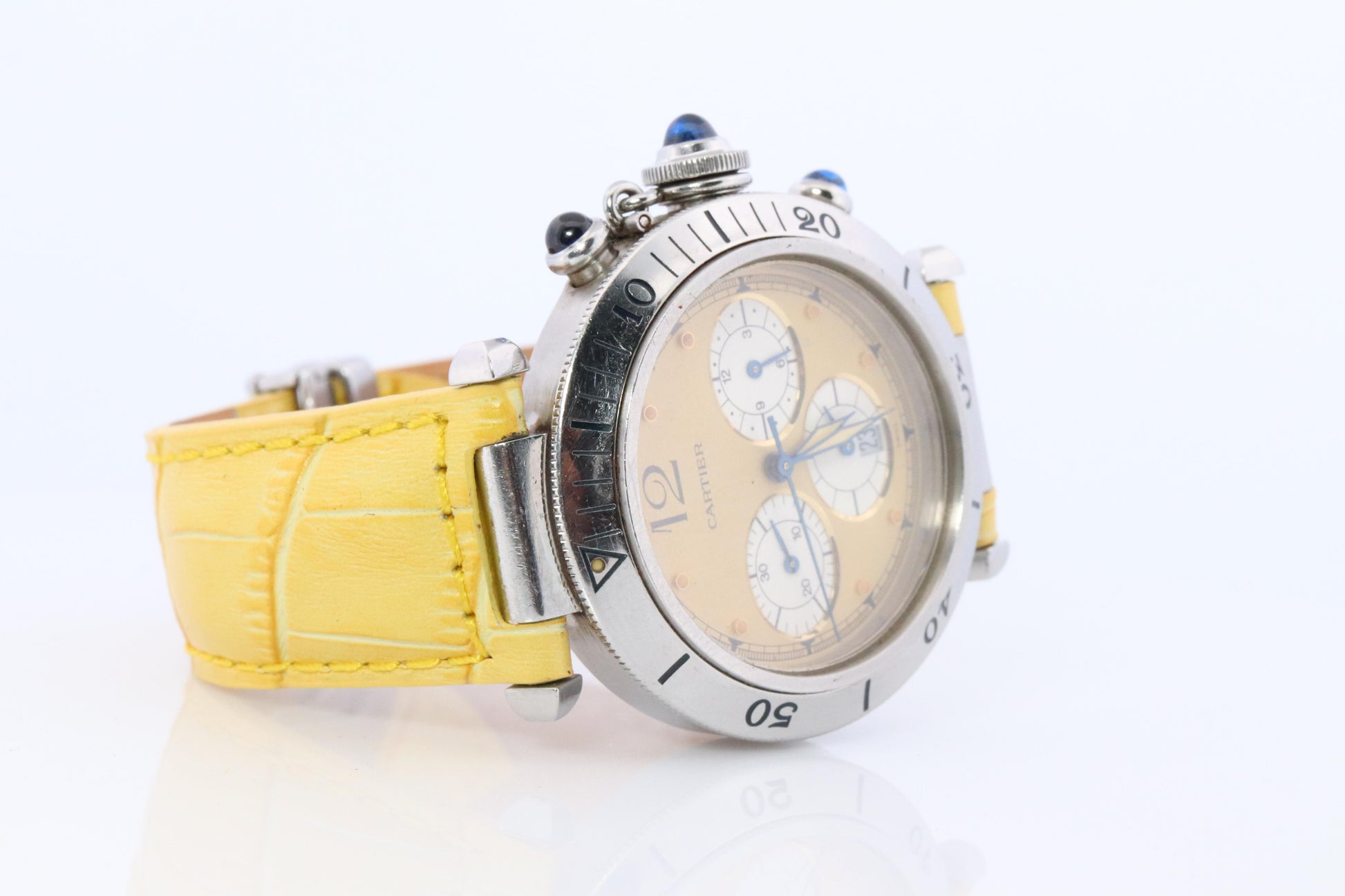 Vintage Cartier PASHA 38mm Chronograph. Rare Yellow Dial W3100355.