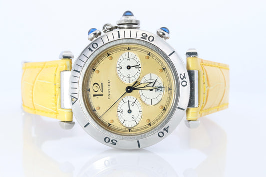 Vintage Cartier PASHA 38mm Chronograph. Rare Yellow Dial W3100355.