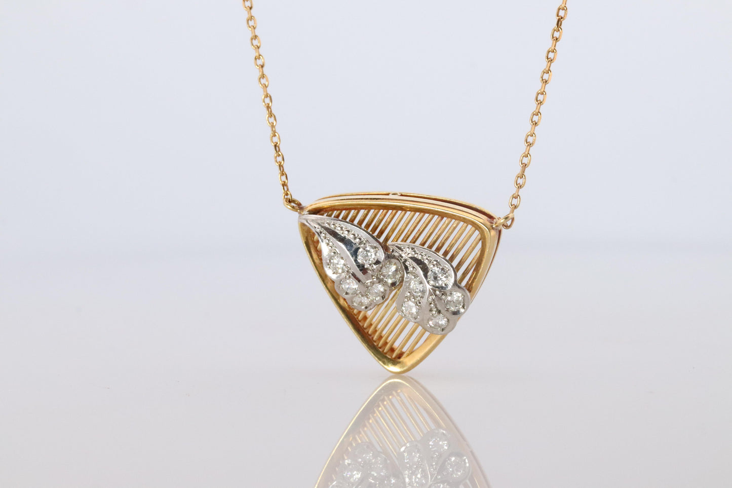 Mikimoto Pendant. Vintage 18k YG and Pt900 Mikimoto Diamond Shield Necklace