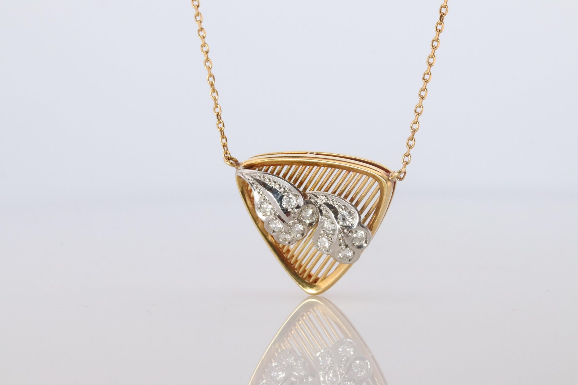 Mikimoto Pendant. Vintage 18k YG and Pt900 Mikimoto Diamond Shield Necklace