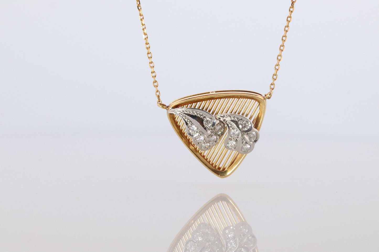 Mikimoto Pendant. Vintage 18k YG and Pt900 Mikimoto Diamond Shield Necklace