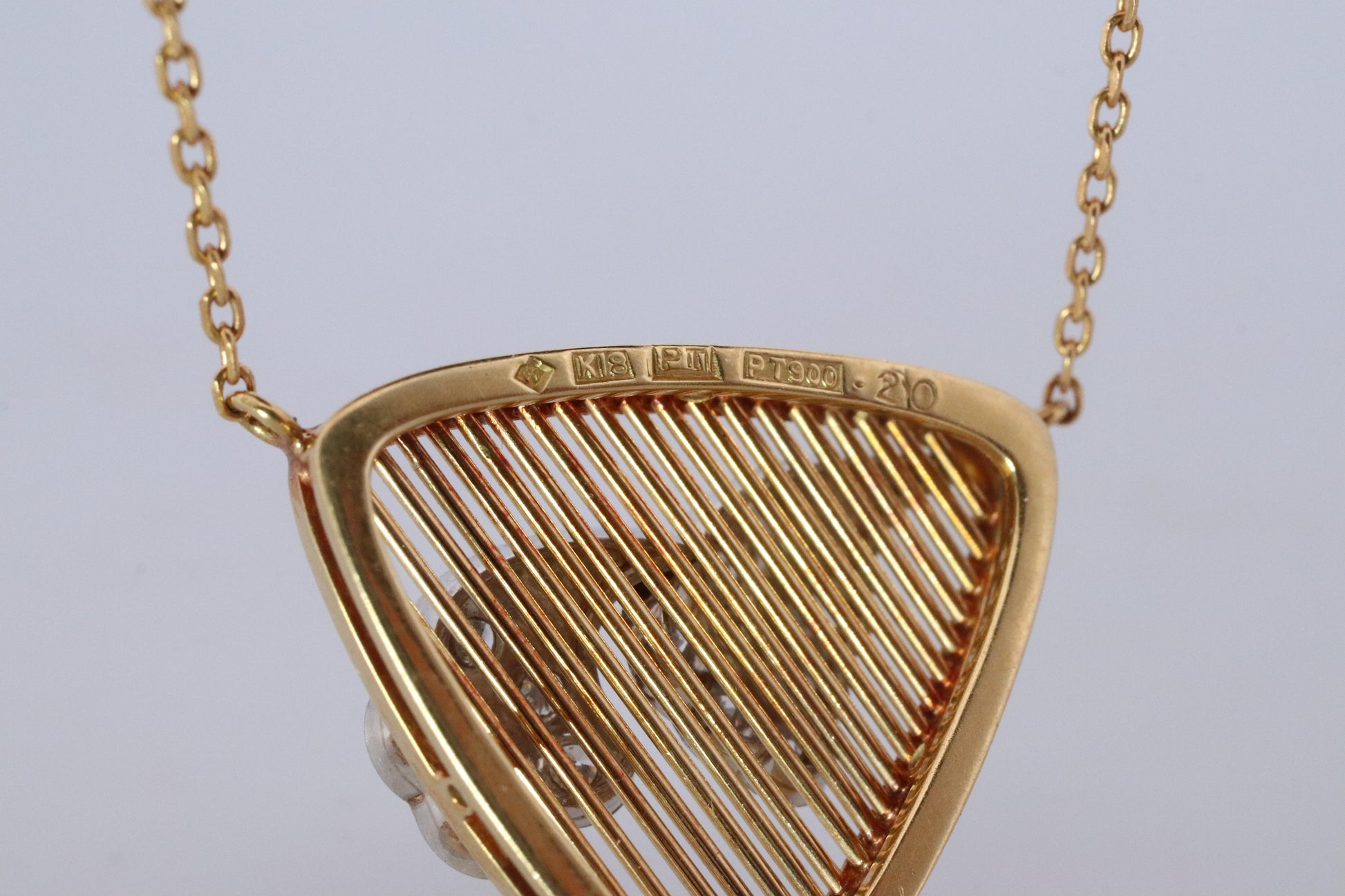 Mikimoto Pendant. Vintage 18k YG and Pt900 Mikimoto Diamond Shield Necklace
