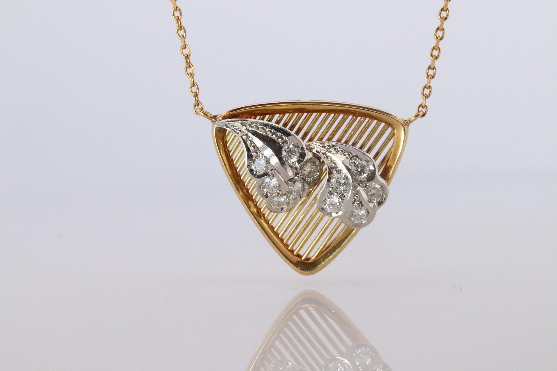 Mikimoto Pendant. Vintage 18k YG and Pt900 Mikimoto Diamond Shield Necklace