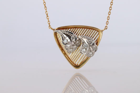 Mikimoto Pendant. Vintage 18k YG and Pt900 Mikimoto Diamond Shield Necklace
