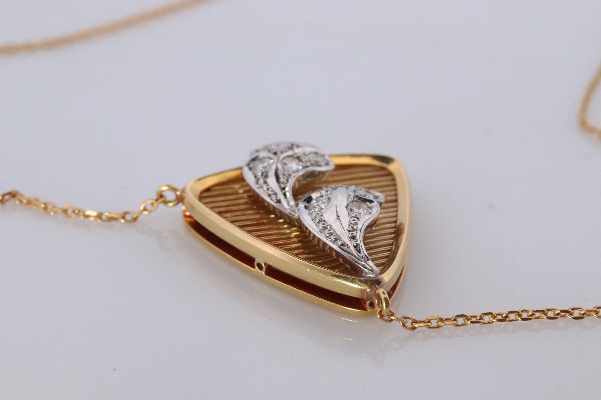 Mikimoto Pendant. Vintage 18k YG and Pt900 Mikimoto Diamond Shield Necklace