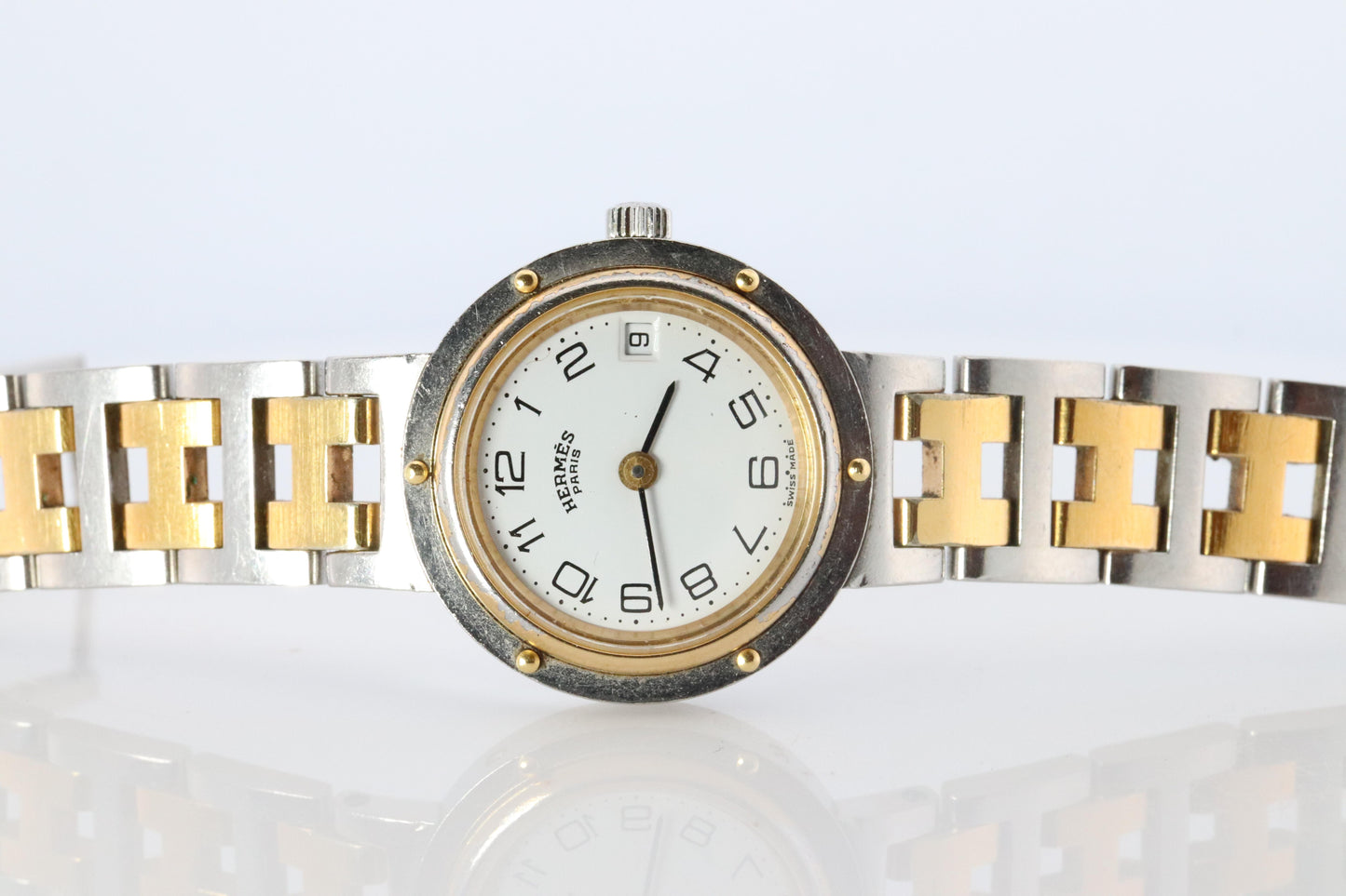 Genuine HERMES Stainless Steel 24mm Round Clipper Quartz Watch White Dial.