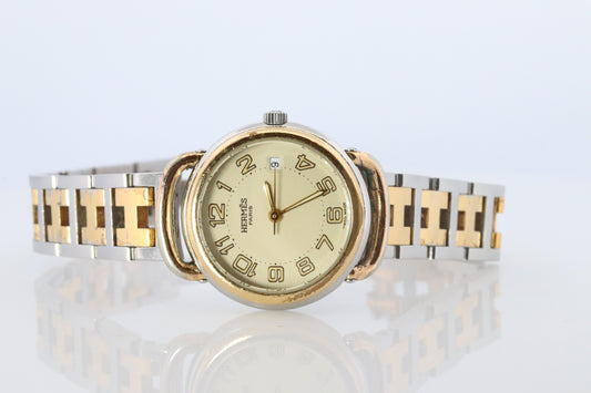 Genuine HERMES PULLMAN Stainless Steel 25mm Round Clipper Quartz Watch silver