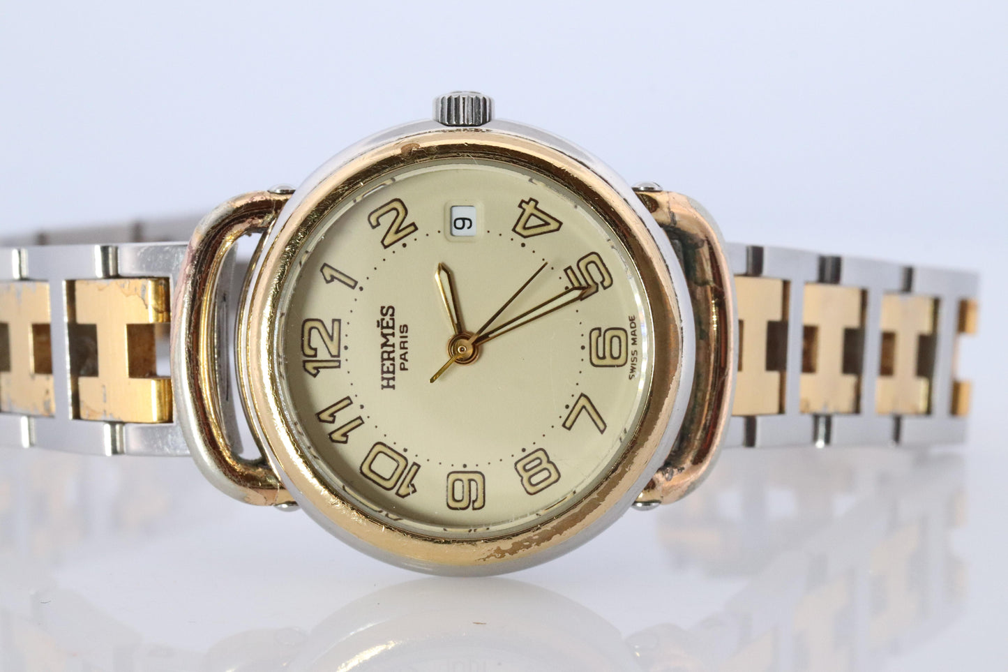 Genuine HERMES PULLMAN Stainless Steel 25mm Round Clipper Quartz Watch silver
