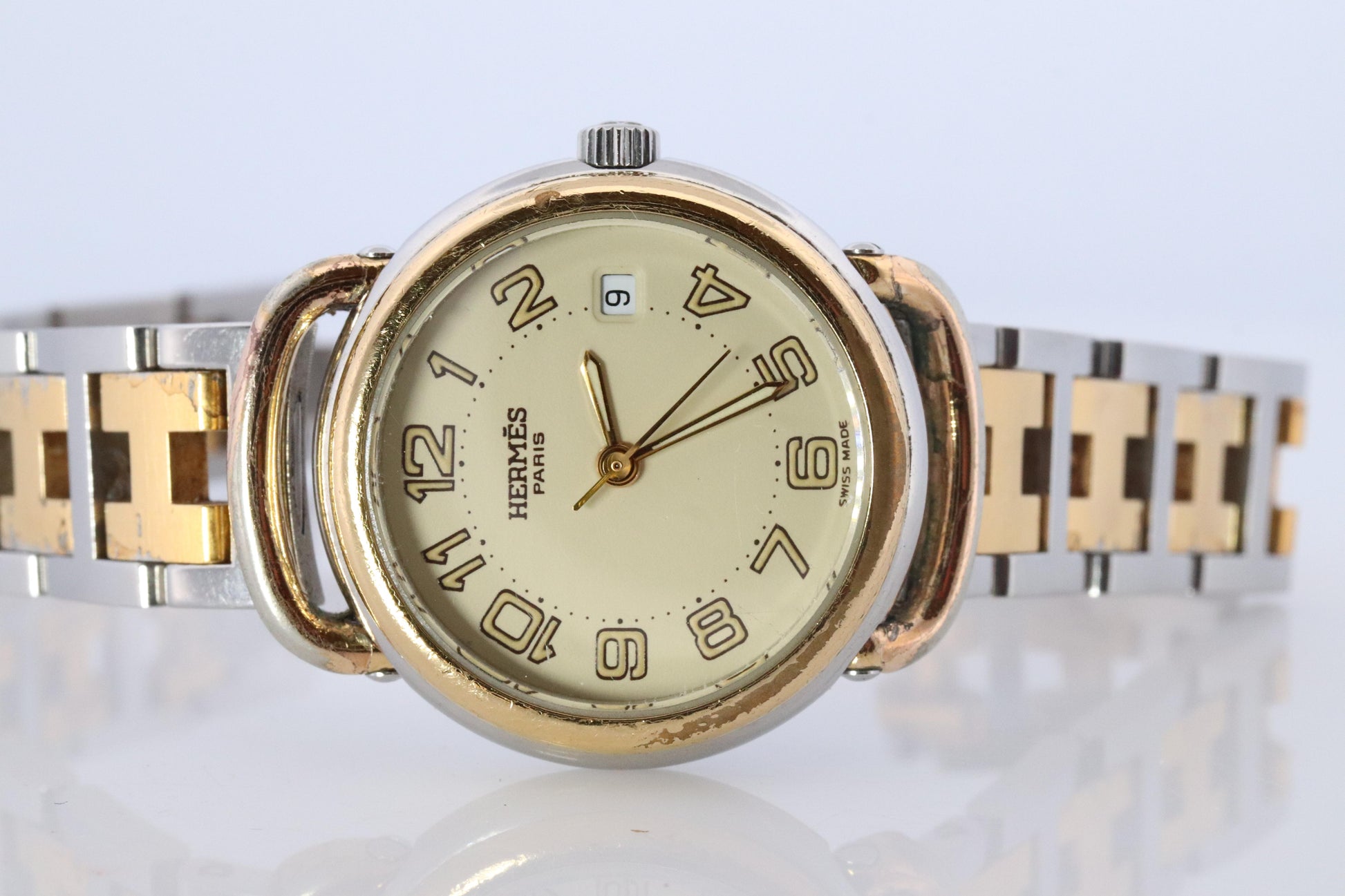 Genuine HERMES PULLMAN Stainless Steel 25mm Round Clipper Quartz Watch silver