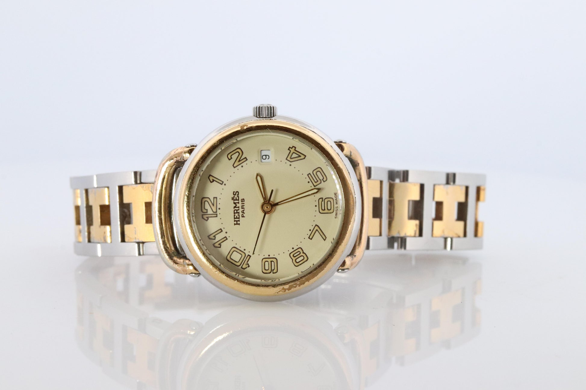 Genuine HERMES PULLMAN Stainless Steel 25mm Round Clipper Quartz Watch silver
