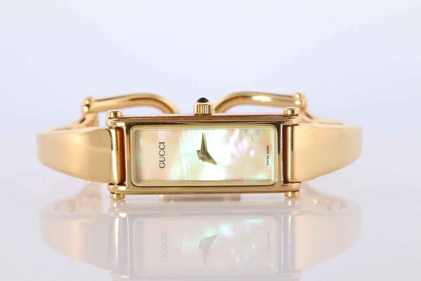 Vintage GUCCI 1500L Quartz MOP Dial Watch. Gucci Gold Bangle Wrist Timepiece