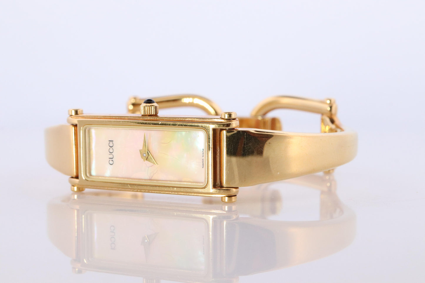 Vintage GUCCI 1500L Quartz MOP Dial Watch. Gucci Gold Bangle Wrist Timepiece
