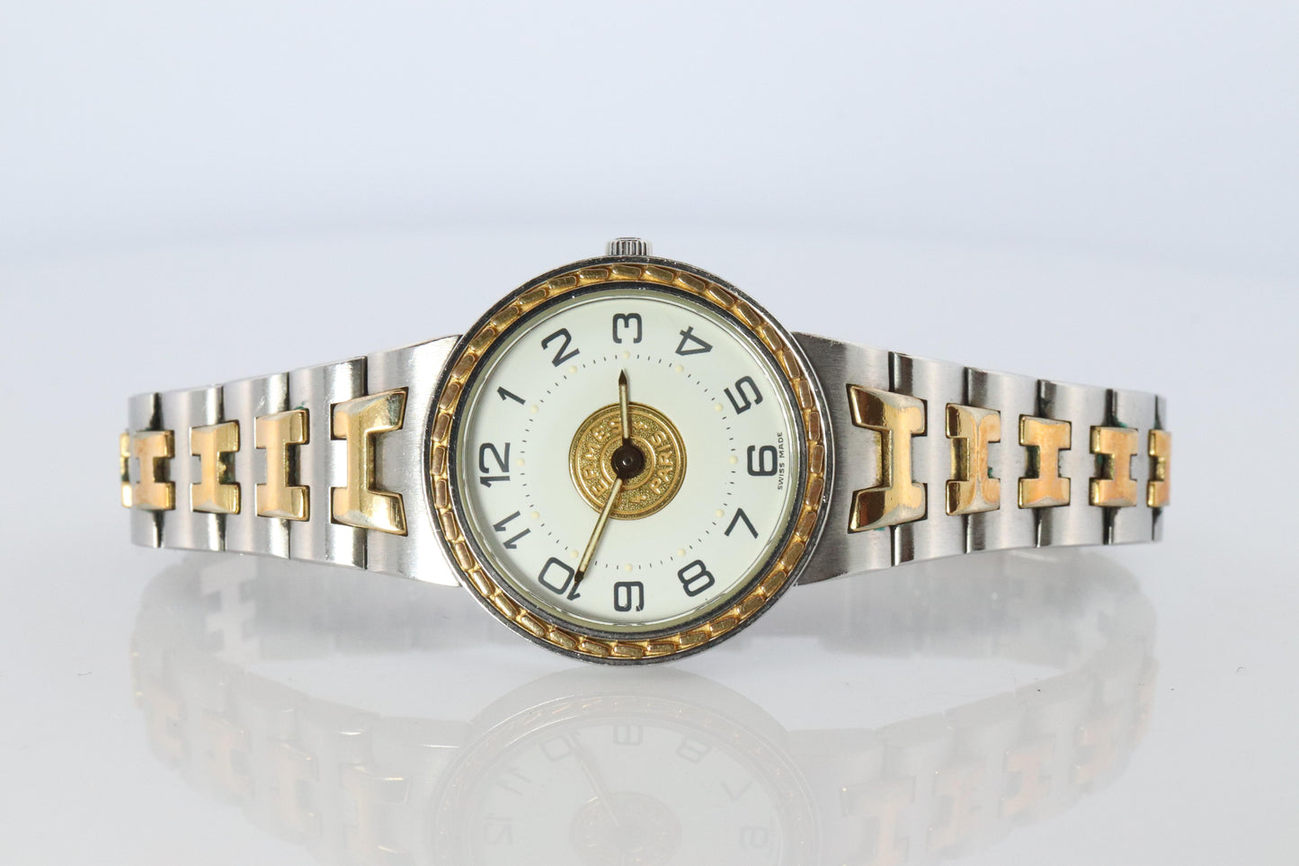 Genuine HERMES Stainless Steel 24mm Round Sellier Quartz Watch White Dial.