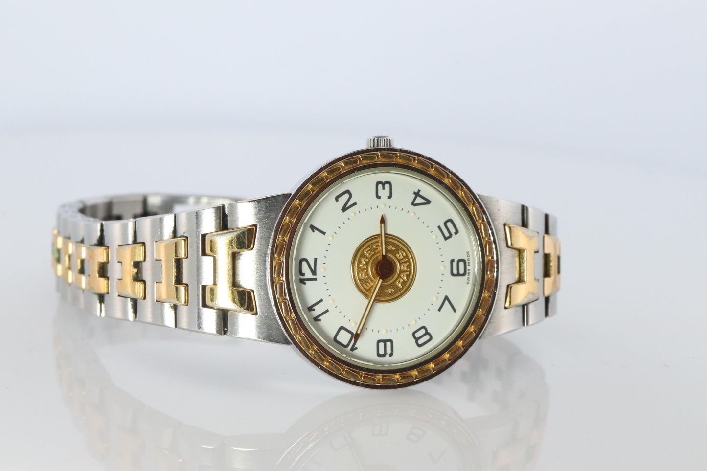 Genuine HERMES Stainless Steel 24mm Round Sellier Quartz Watch White Dial.