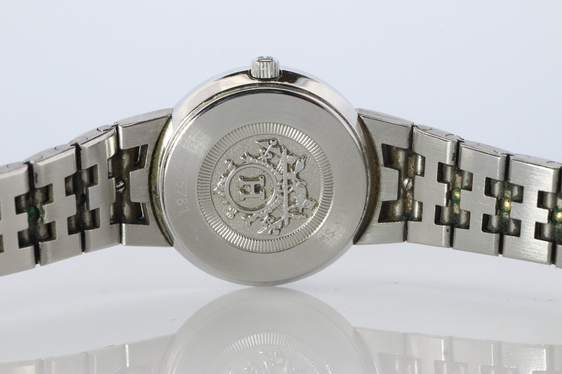 Genuine HERMES Stainless Steel 24mm Round Sellier Quartz Watch White Dial.