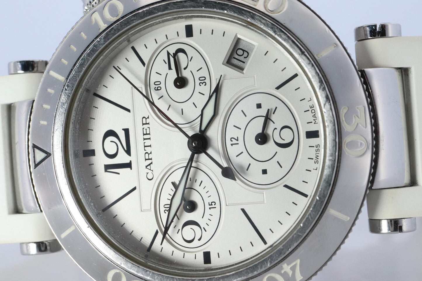 Vintage Cartier PASHA 38mm 3129 Chronograph. Rare White Dial W3140004.