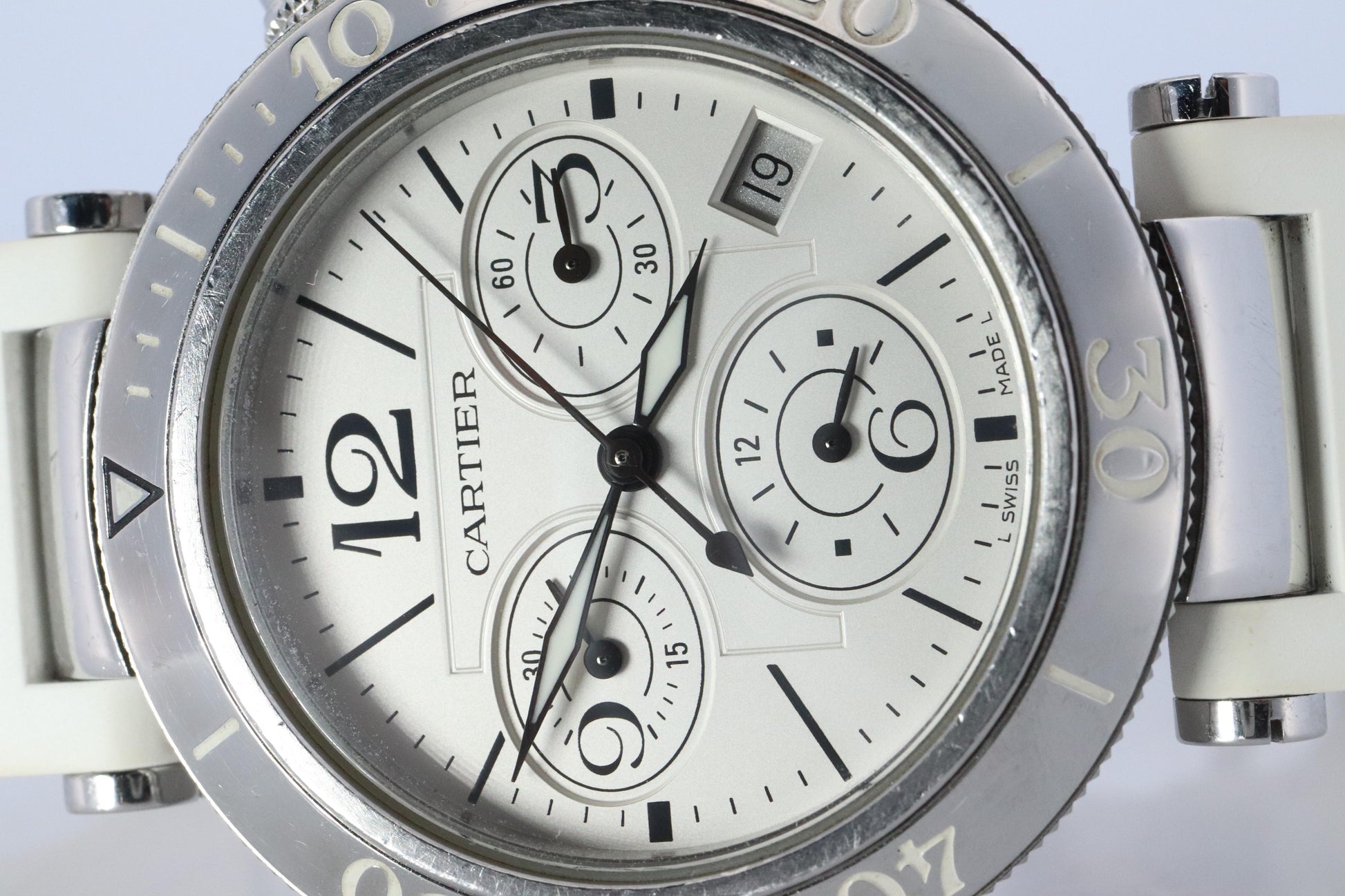 Vintage Cartier PASHA 38mm 3129 Chronograph. Rare White Dial W3140004.