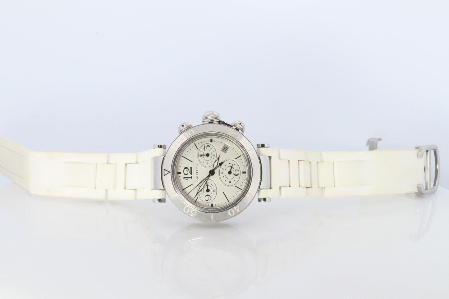Vintage Cartier PASHA 38mm 3129 Chronograph. Rare White Dial W3140004.