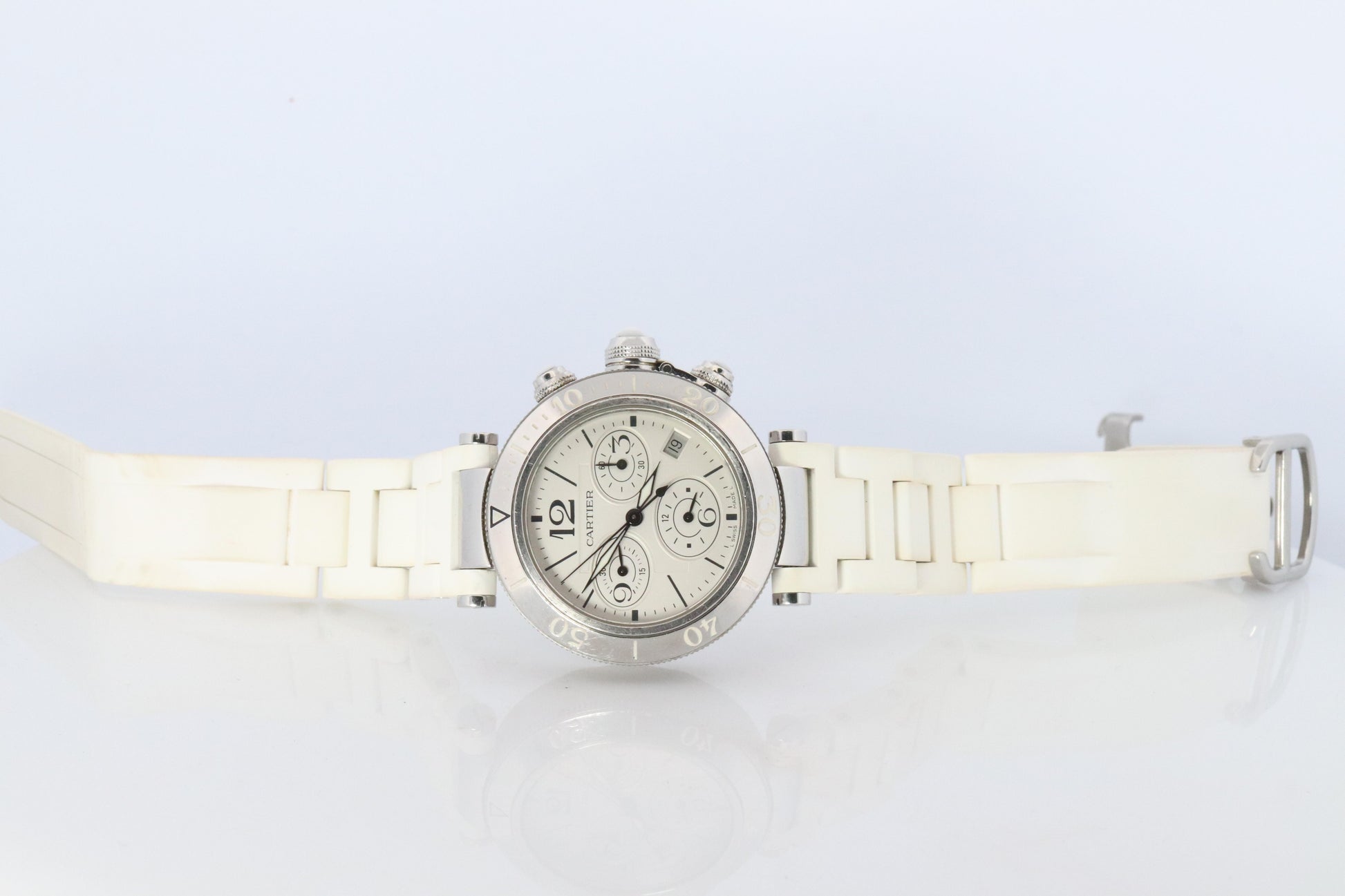 Vintage Cartier PASHA 38mm 3129 Chronograph. Rare White Dial W3140004.