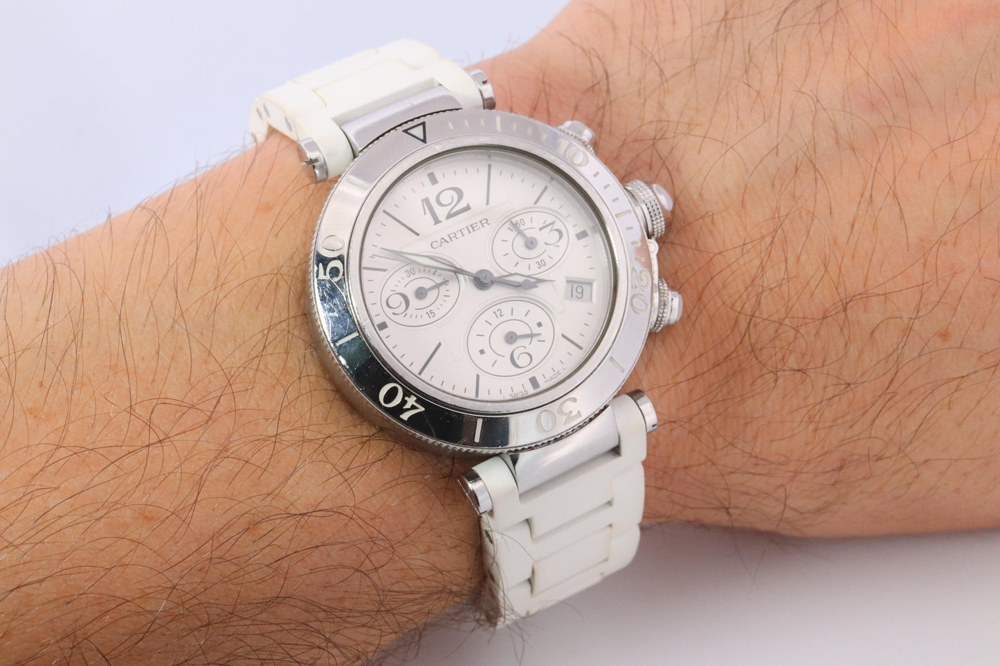 Vintage Cartier PASHA 38mm 3129 Chronograph. Rare White Dial W3140004.