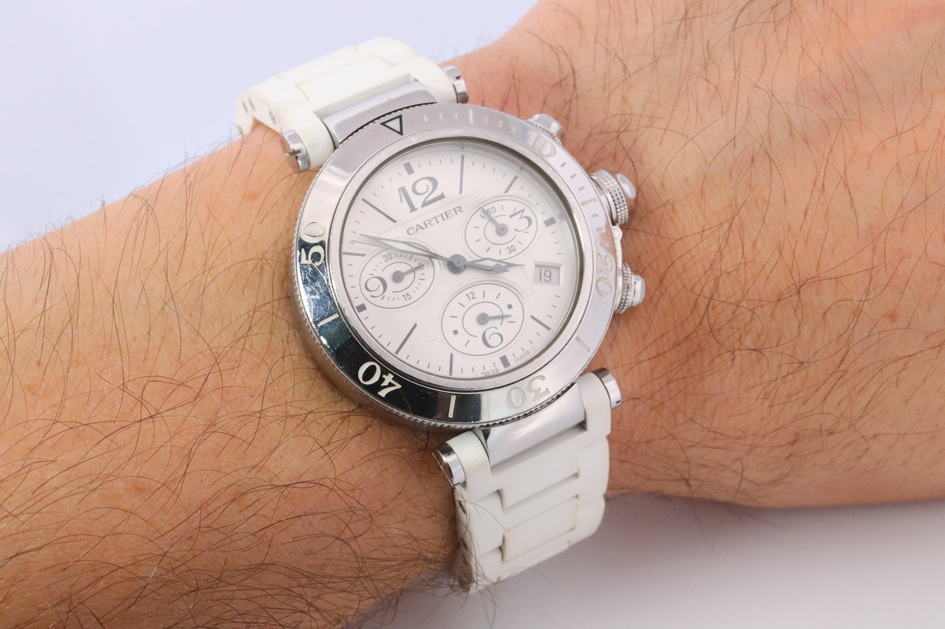 Vintage Cartier PASHA 38mm 3129 Chronograph. Rare White Dial W3140004.
