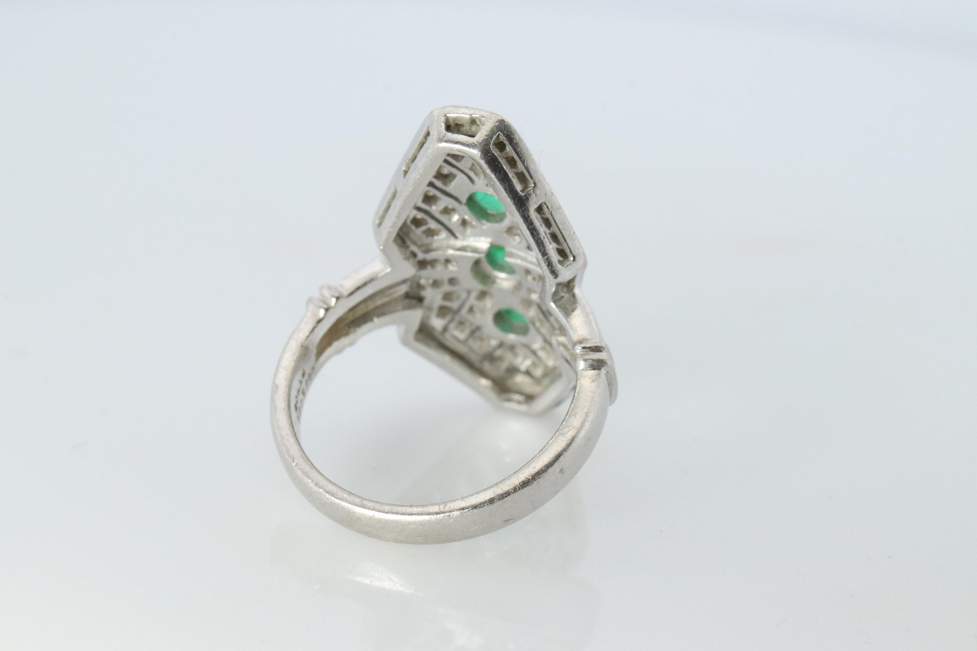 Emerald shield ring. Platinum Shield Ring Emerald Cabochon and Diamond wide band