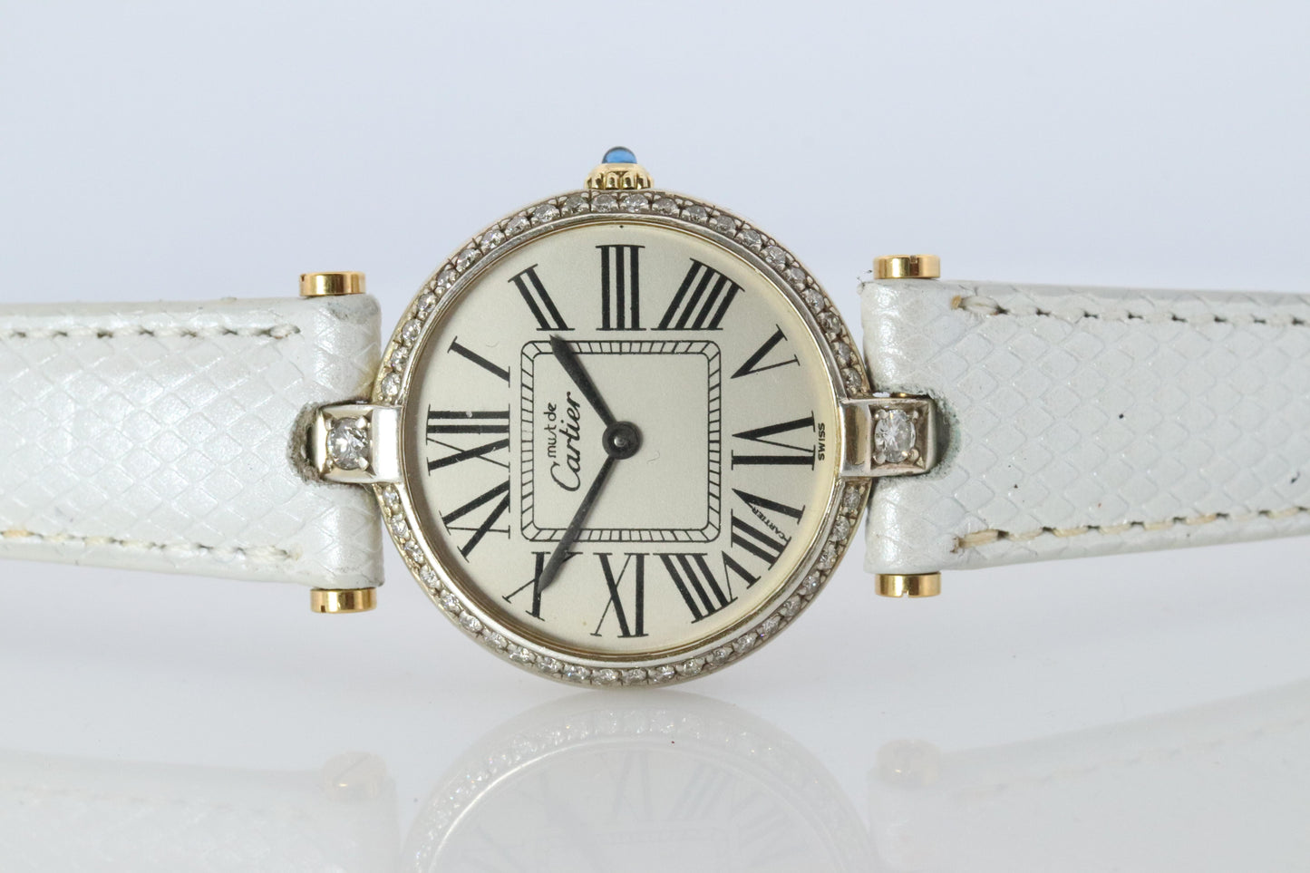 Genuine Cartier Diamond Watch. Must de Cartier Vendome Round Argent Roman Dial