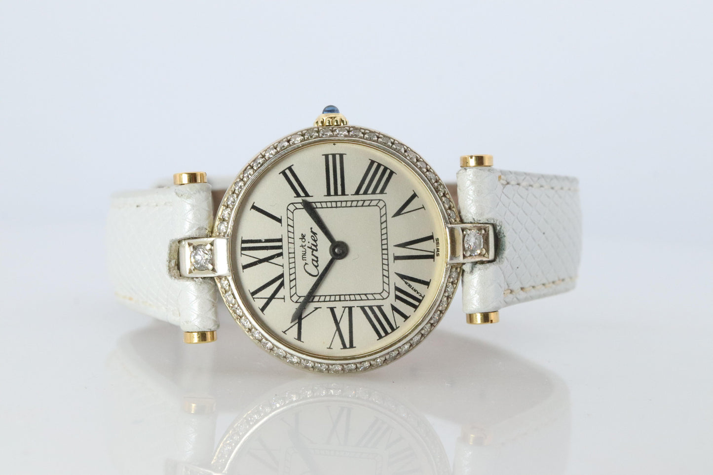 Genuine Cartier Diamond Watch. Must de Cartier Vendome Round Argent Roman Dial