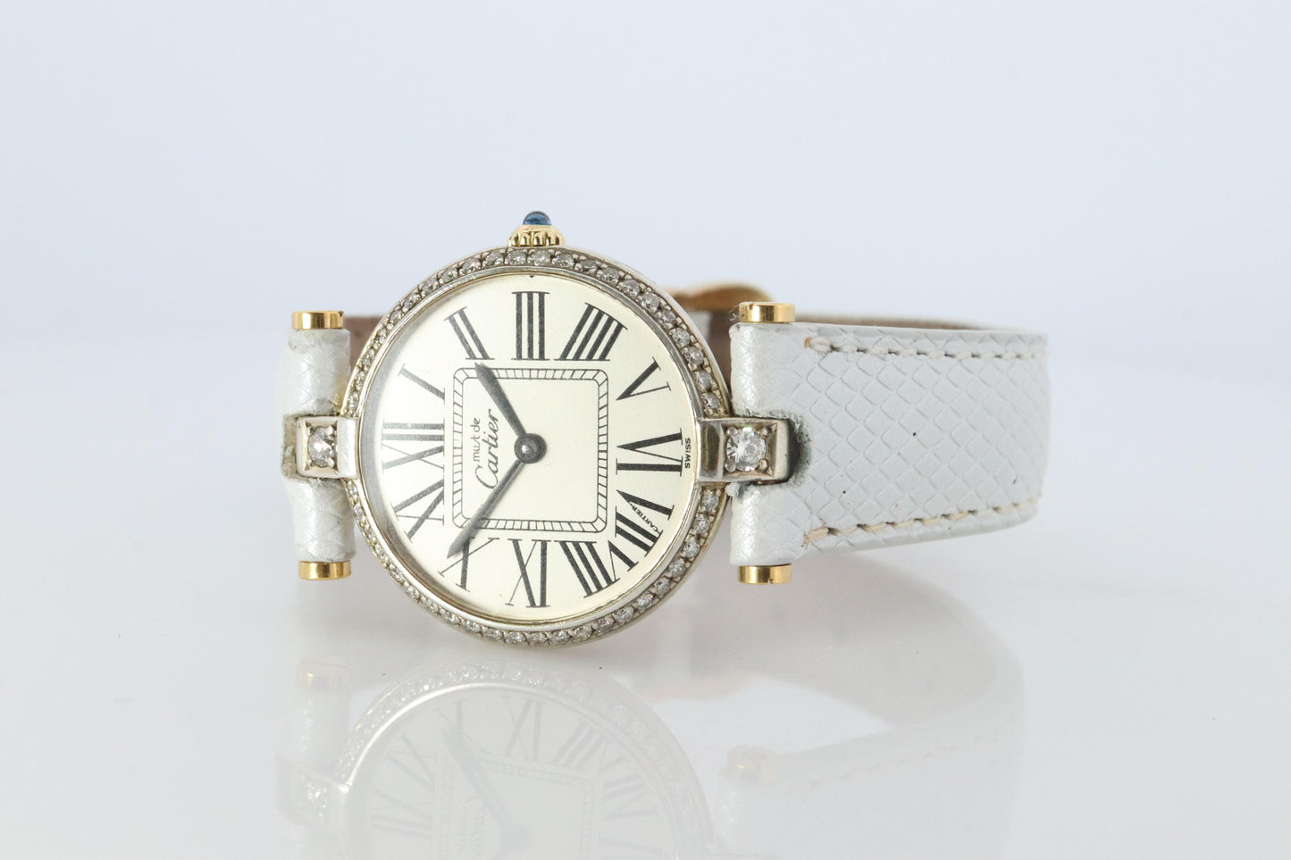 Genuine Cartier Diamond Watch. Must de Cartier Vendome Round Argent Roman Dial