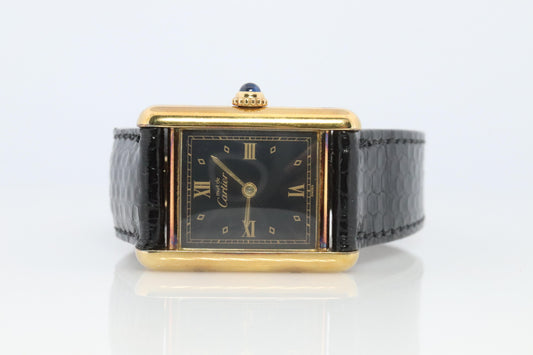 Vintage Must de Cartier Tank Black Dial Watch Vermeil ARGENT Small Manual Tank