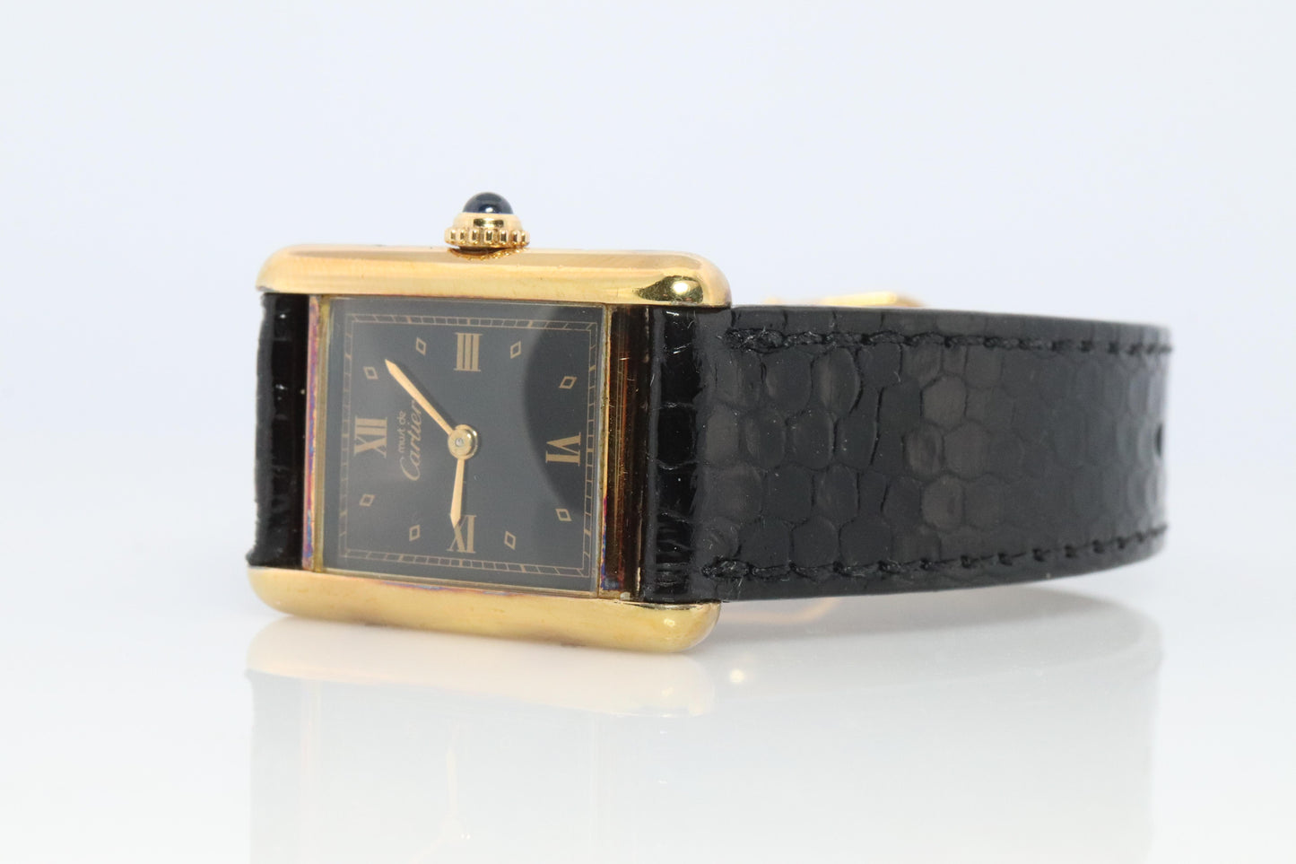 Vintage Must de Cartier Tank Black Dial Watch Vermeil ARGENT Small Manual Tank