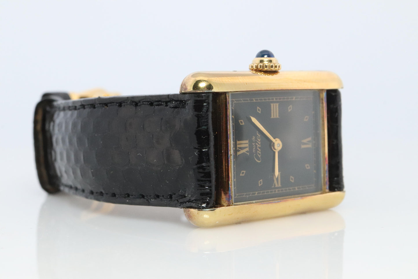 Vintage Must de Cartier Tank Black Dial Watch Vermeil ARGENT Small Manual Tank