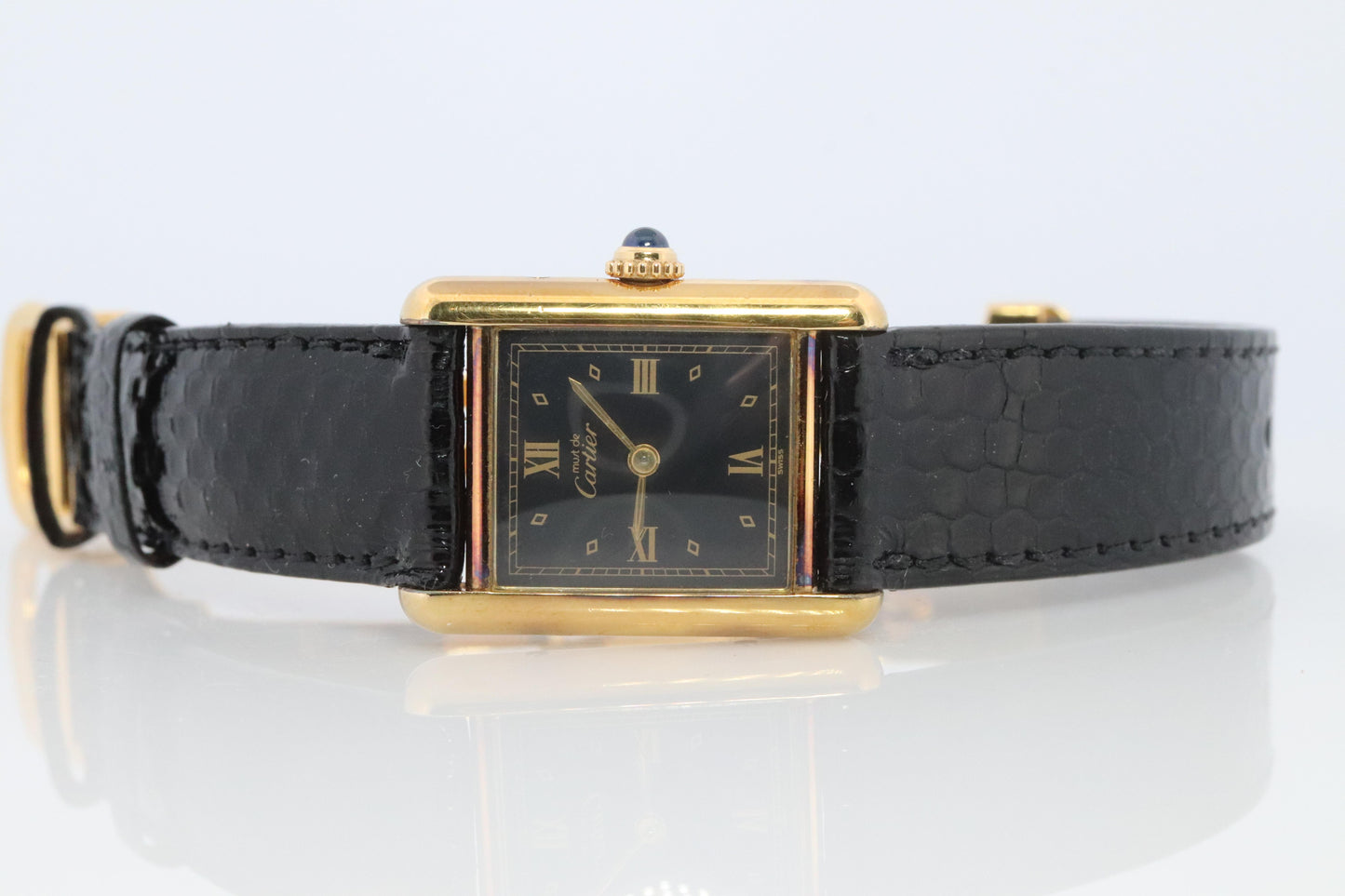 Vintage Must de Cartier Tank Black Dial Watch Vermeil ARGENT Small Manual Tank