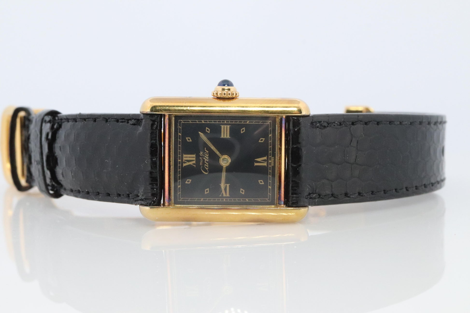 Vintage Must de Cartier Tank Black Dial Watch Vermeil ARGENT Small Manual Tank