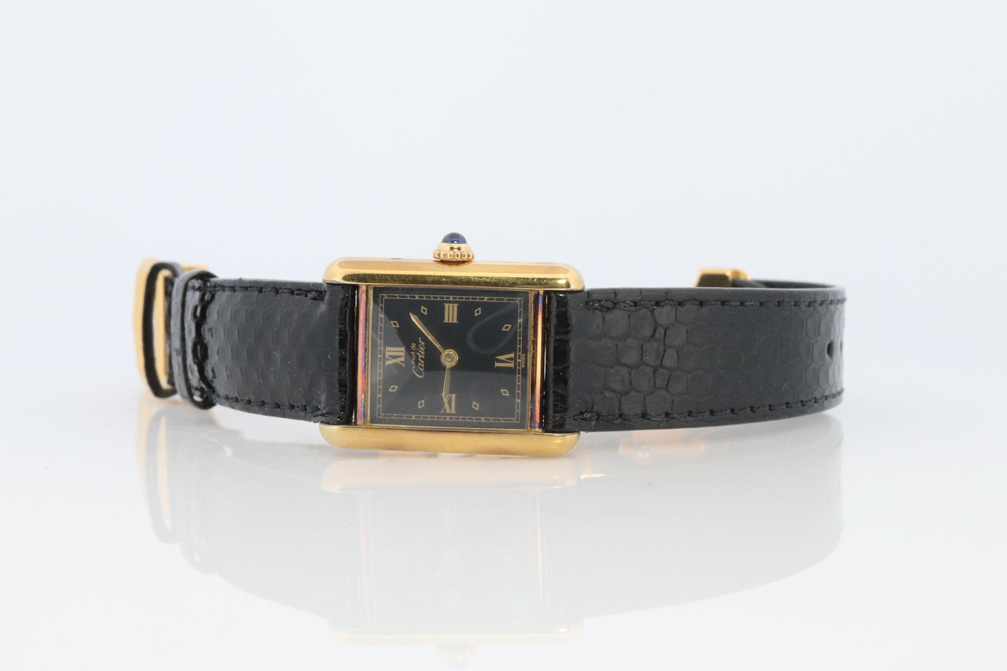 Vintage Must de Cartier Tank Black Dial Watch Vermeil ARGENT Small Manual Tank