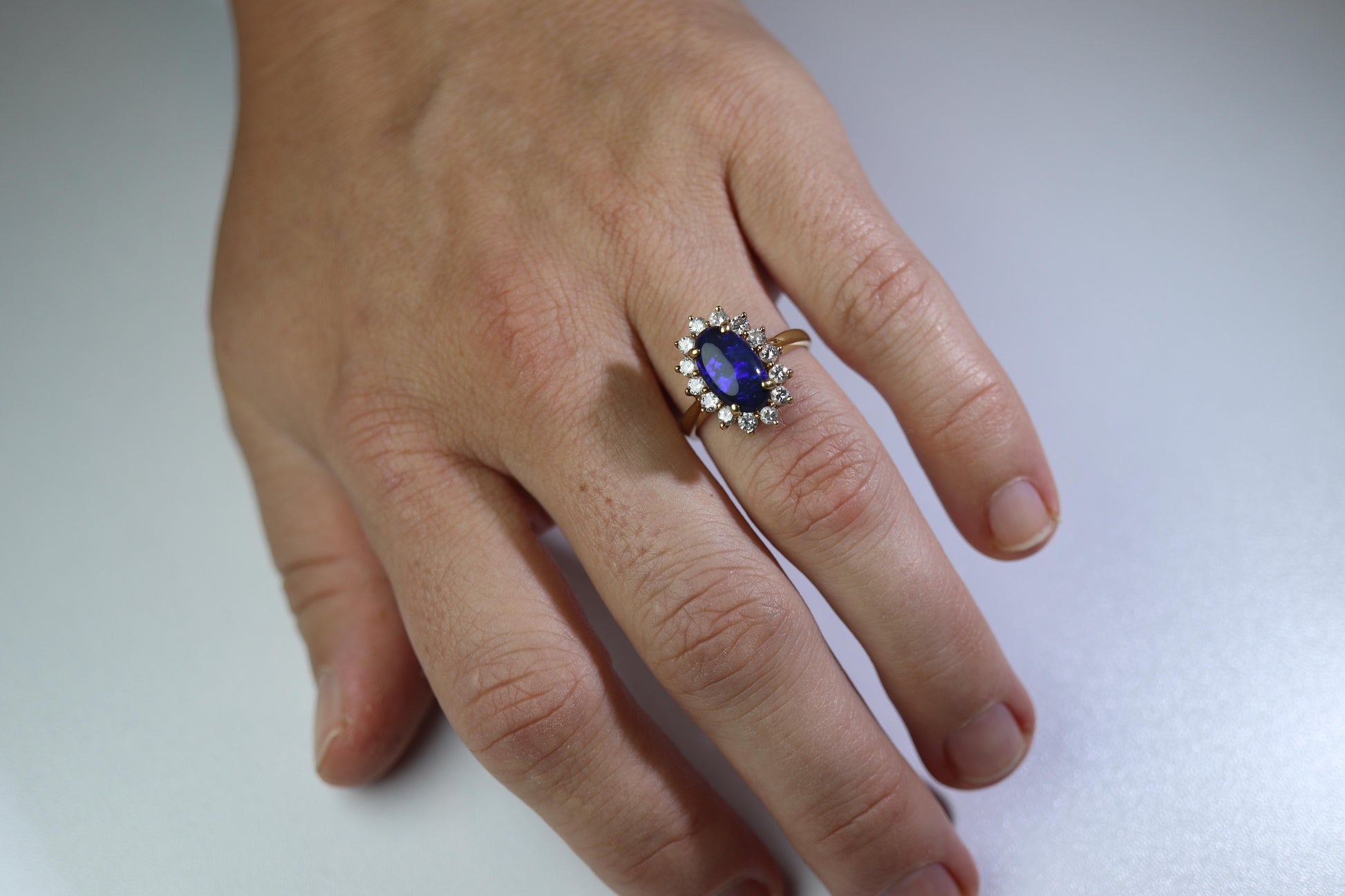 Black Opal Diamond Ring. 18k Yelow Gold Opal Diamond Halo Ballerina Ring Band.