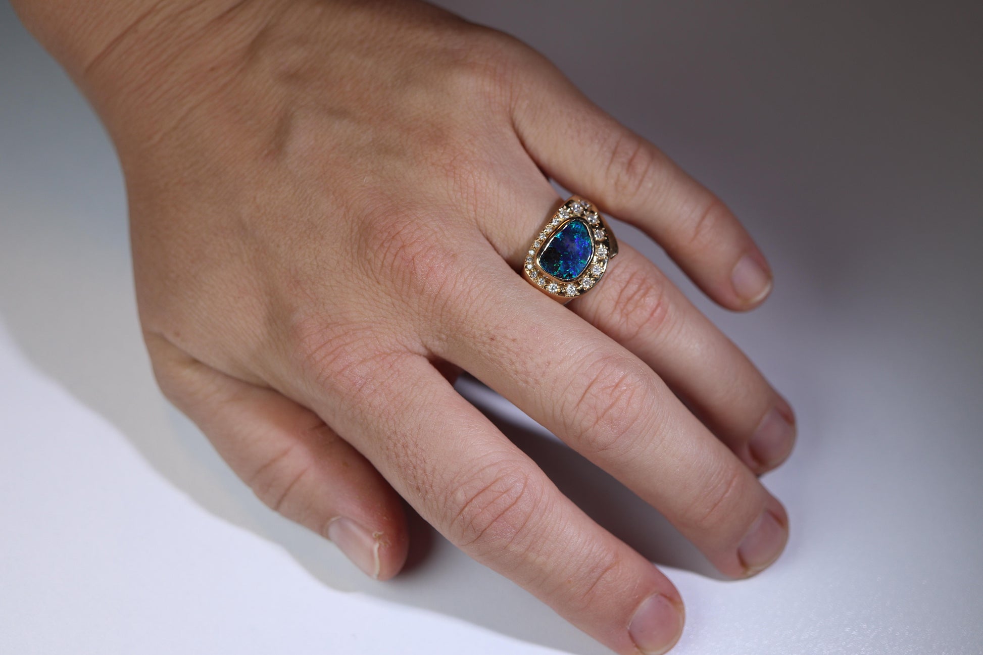 Boulder Opal Diamond Ring. 18k Gold Genuine Opal Diamond Set Ring.