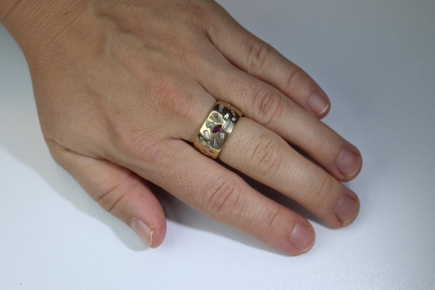 18k Confetti wide band. 2CTW Diamond Ruby Sapphire Emerald Scattered Cigar ring