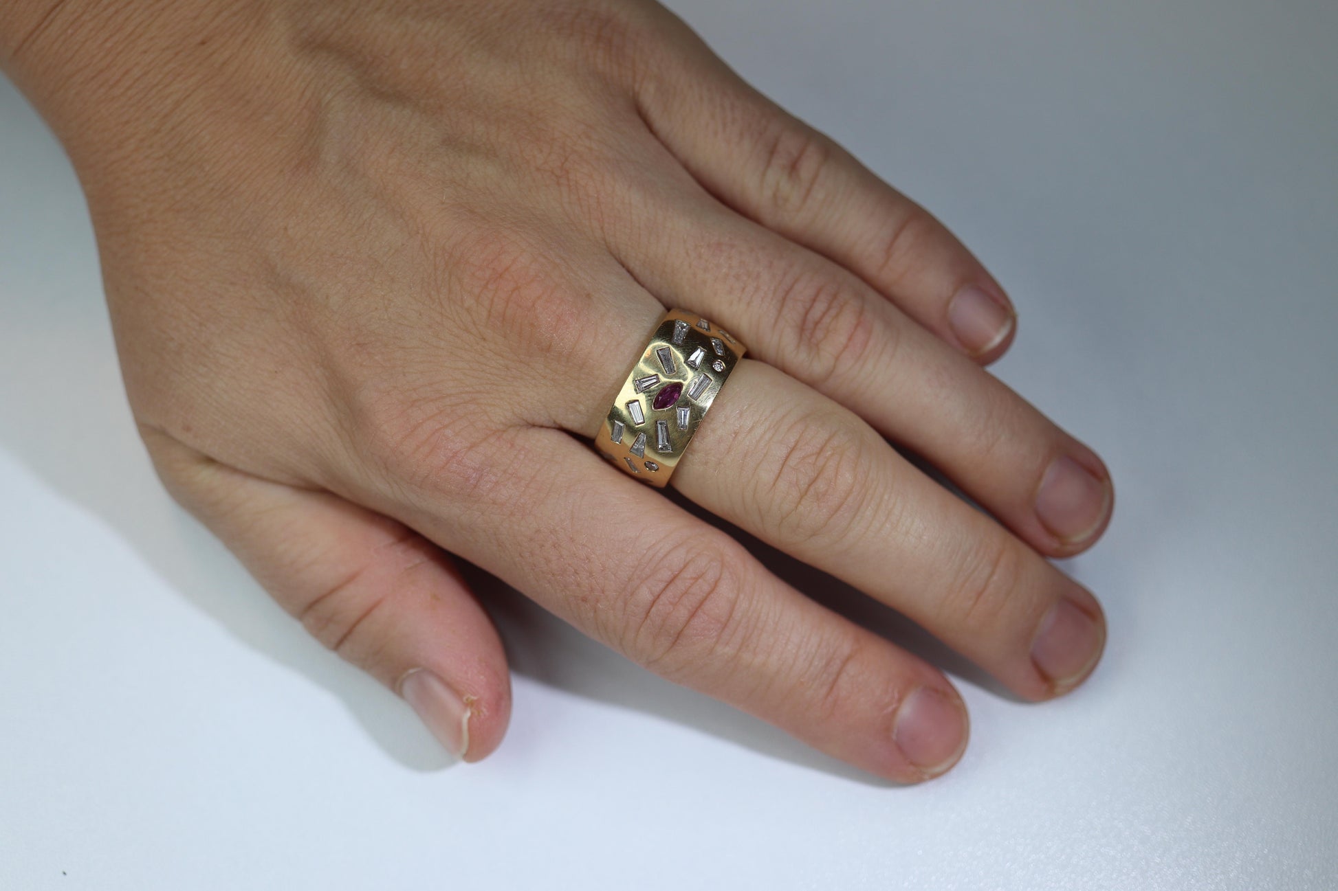 18k Confetti wide band. 2CTW Diamond Ruby Sapphire Emerald Scattered Cigar ring