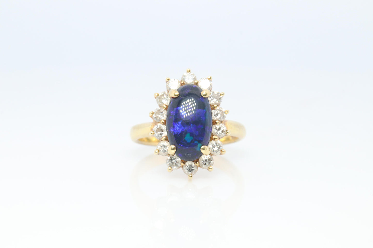 Black Opal Diamond Ring. 18k Yelow Gold Opal Diamond Halo Ballerina Ring Band.