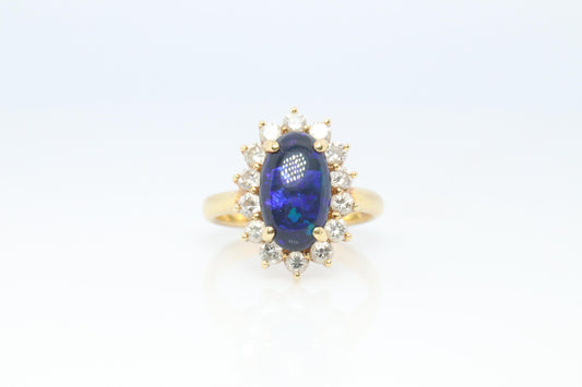 Black Opal Diamond Ring. 18k Yelow Gold Opal Diamond Halo Ballerina Ring Band.
