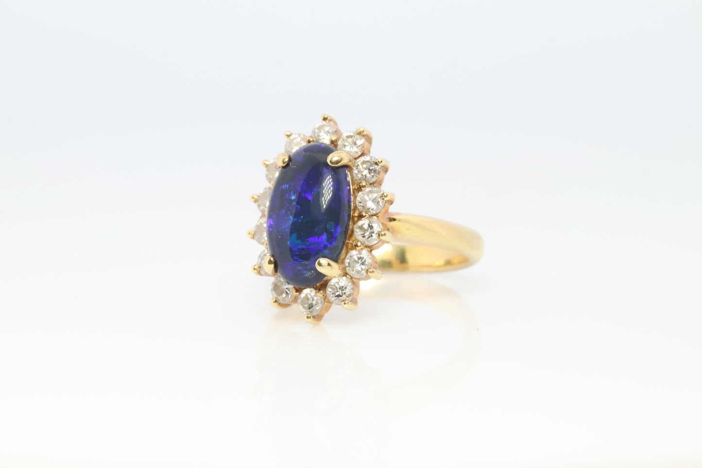 Black Opal Diamond Ring. 18k Yelow Gold Opal Diamond Halo Ballerina Ring Band.