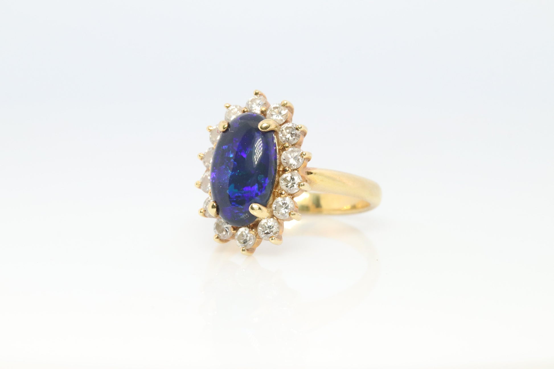 Black Opal Diamond Ring. 18k Yelow Gold Opal Diamond Halo Ballerina Ring Band.