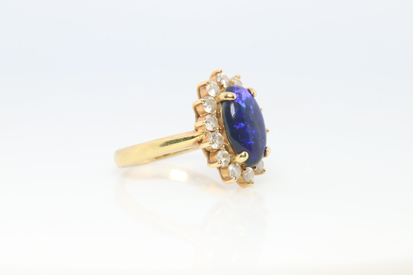 Black Opal Diamond Ring. 18k Yelow Gold Opal Diamond Halo Ballerina Ring Band.