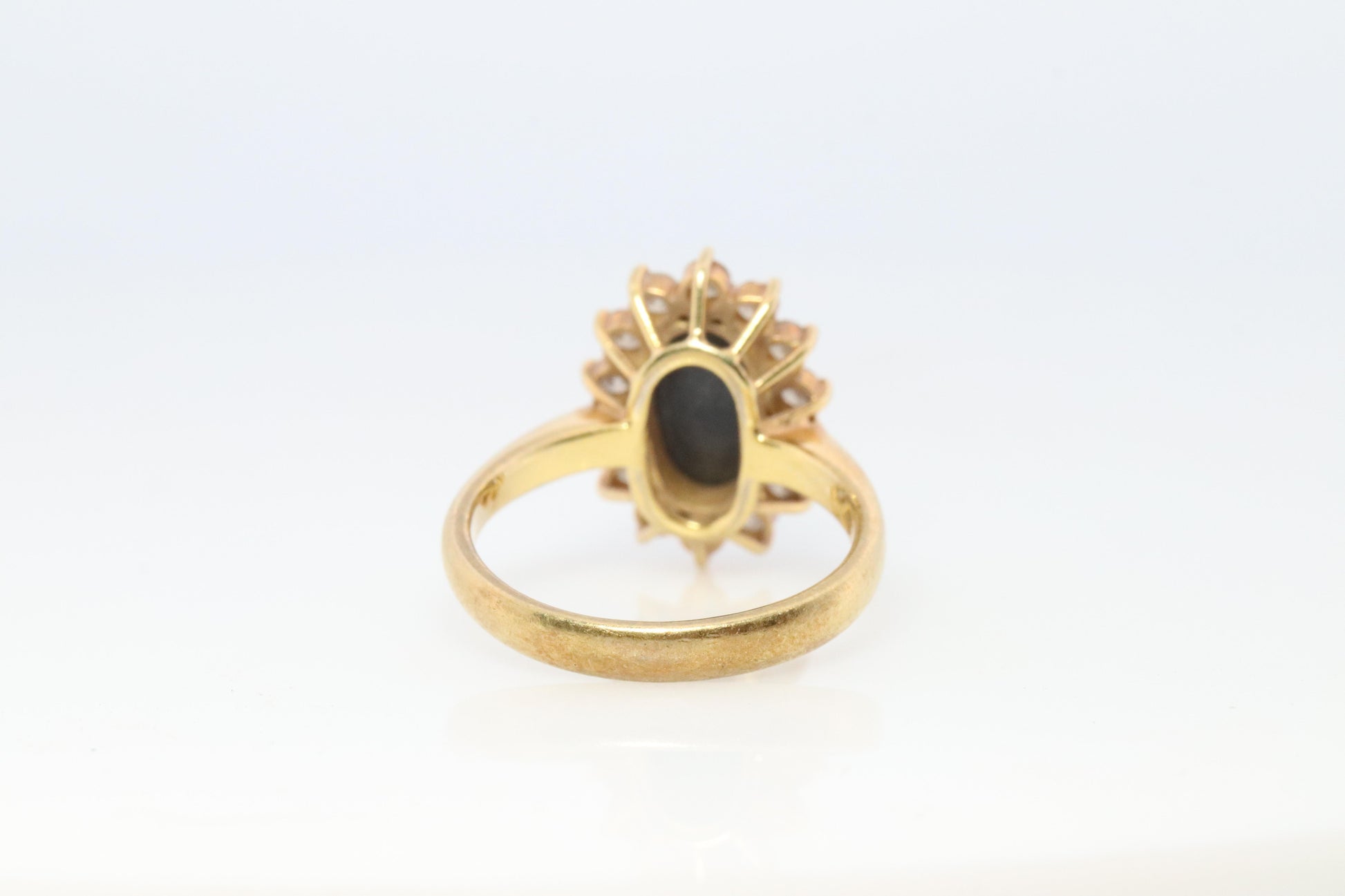 Black Opal Diamond Ring. 18k Yelow Gold Opal Diamond Halo Ballerina Ring Band.
